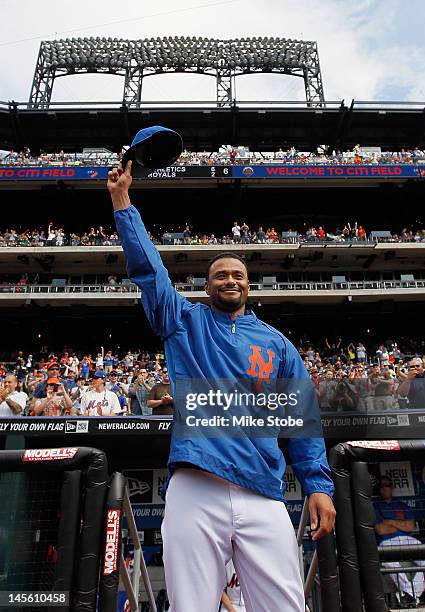 Johan Santana of the New York Mets waves to the crowd at Citi Field on June 2, 2012 in the Flushing neighborhood of the Queens borough of New York...