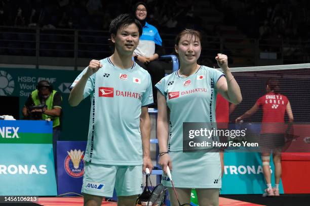 Yuta Watanabe, Arisa Higashino of Japan poses after defeating Seo Seung Jae, Chae Yu Jung of Korea during the mixed doubles quarter final on day four...