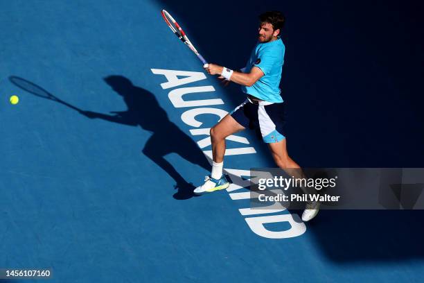 Cameron Norrie of Great Britain plays a forehand in his mens singles semi final against Jenson Brooksby of the USA during day five of the 2023 ASB...