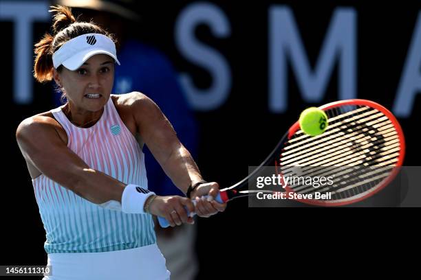 Lauren Davis of USA competes against Anna Blinkova of Ukraine during day five of the 2023 Hobart International at Domain Tennis Centre on January 13,...