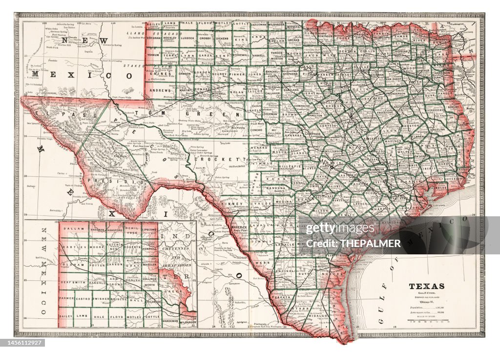 Map of the state of Texas, USA 1883