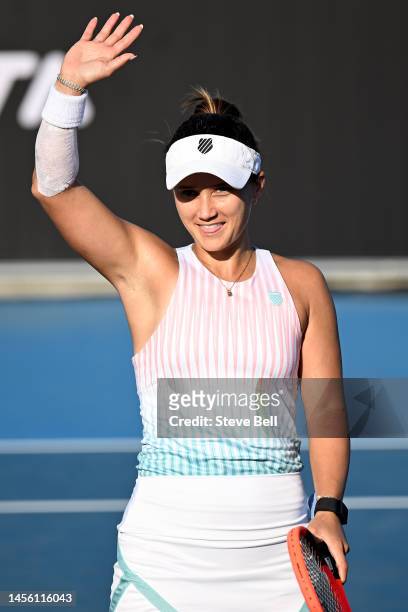 Lauren Davis of USA celebrates her win against Anna Blinkova of Ukraine during day five of the 2023 Hobart International at Domain Tennis Centre on...