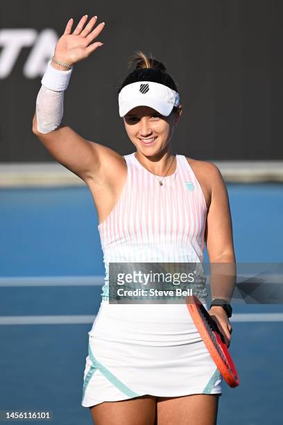 Lauren Davis of USA celebrates her win against Anna Blinkova of Ukraine during day five of the 2023 Hobart International at Domain Tennis Centre on...