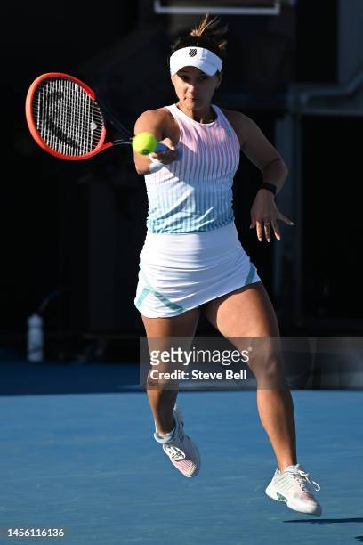 Lauren Davis of USA competes against Anna Blinkova of Ukraine during day five of the 2023 Hobart International at Domain Tennis Centre on January 13,...