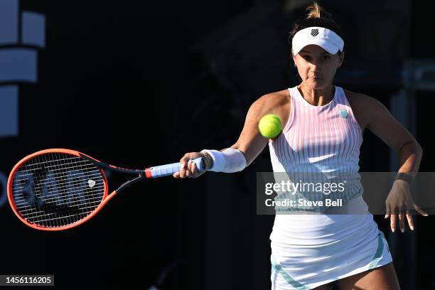 Lauren Davis of USA competes against Anna Blinkova of Ukraine during day five of the 2023 Hobart International at Domain Tennis Centre on January 13,...