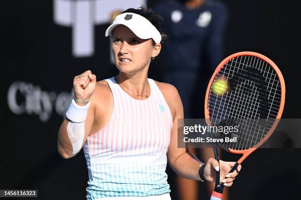 Lauren Davis of USA celebrates against Anna Blinkova of Ukraine during day five of the 2023 Hobart International at Domain Tennis Centre on January...