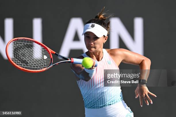 Lauren Davis of USA competes against Anna Blinkova of Ukraine during day five of the 2023 Hobart International at Domain Tennis Centre on January 13,...