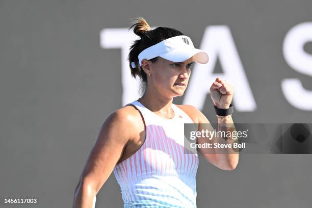 Lauren Davis of USA celebrates against Anna Blinkova of Ukraine during day five of the 2023 Hobart International at Domain Tennis Centre on January...