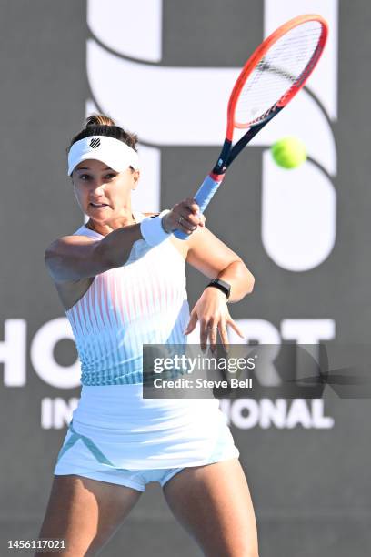 Lauren Davis of USA competes against Anna Blinkova of Ukraine during day five of the 2023 Hobart International at Domain Tennis Centre on January 13,...