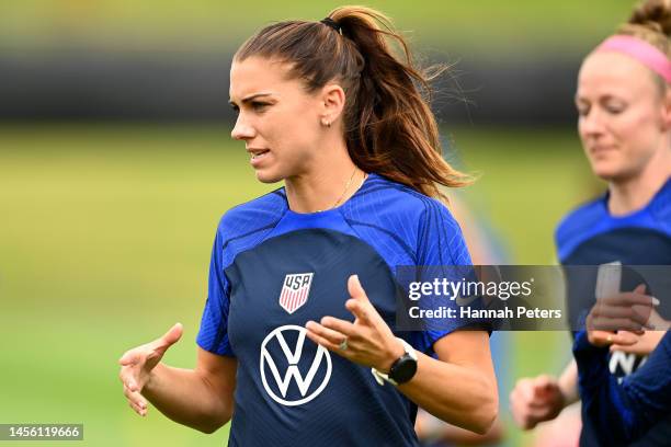 Alex Morgan runs through training drills during a USA National Womens Team player training camp at North Harbour Stadium on January 13, 2023 in...