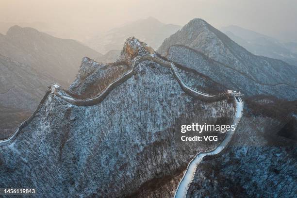 Aerial view of Jiankou Great Wall covered by snow on January 13, 2023 in Beijing, China.