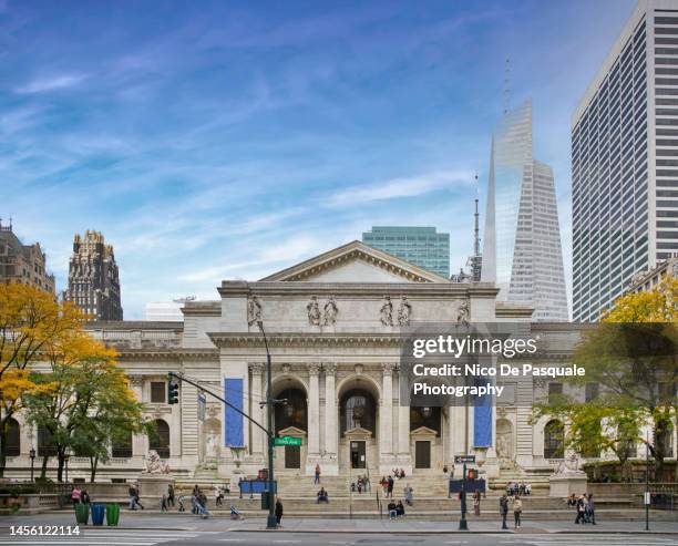 new york public library on fifth avenue, new york city - biblioteca pública fotografías e imágenes de stock