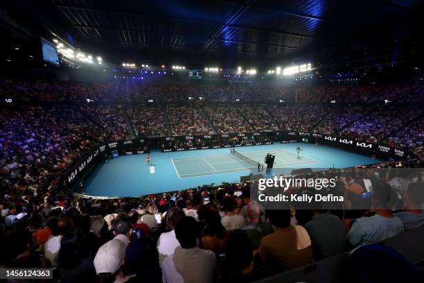 Novak Djokovic of Serbia and Nick Kyrgios of Australia play in their Arena Showdown charity match ahead of the 2023 Australian Open at Melbourne Park...