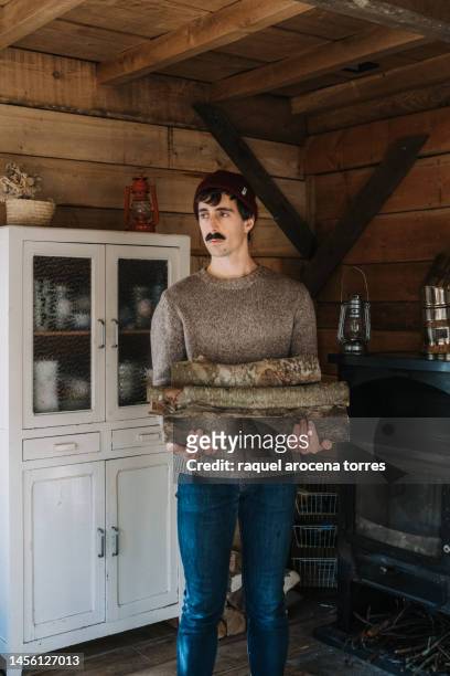 man with firewood in his hands to prepare the fireplace - buening shack stock pictures, royalty-free photos & images