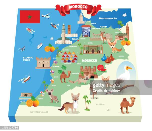 stockillustraties, clipart, cartoons en iconen met cartoon map of morocco - marrakech
