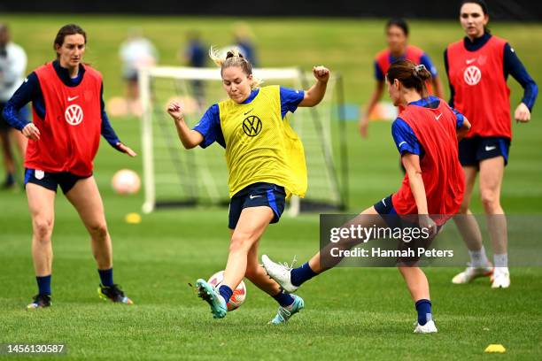 Ashley Sanchez runs through training drills during a USA National Womens Team player training camp at North Harbour Stadium on January 13, 2023 in...