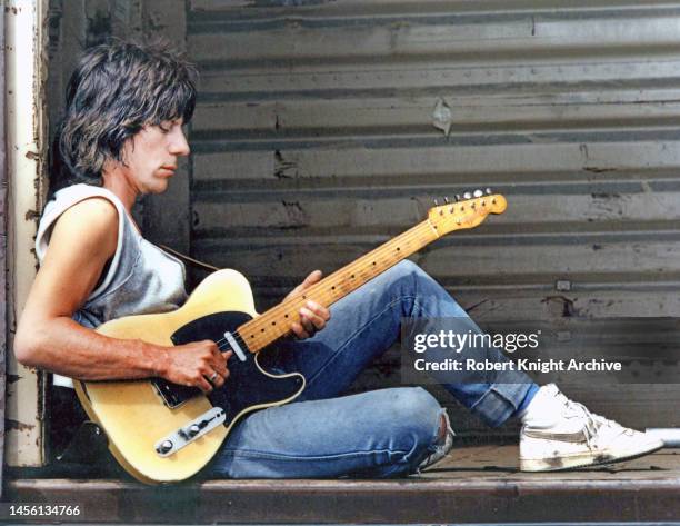 Jeff Beck, portrait playing a Fender Telecaster guitar in Oxnard, California, United States, 1985.