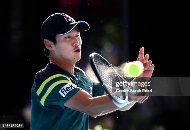 Soonwoo Kwon of Korea competes against Jack Draper of Great Britain during day five of the 2023 Adelaide International at Memorial Drive on January...