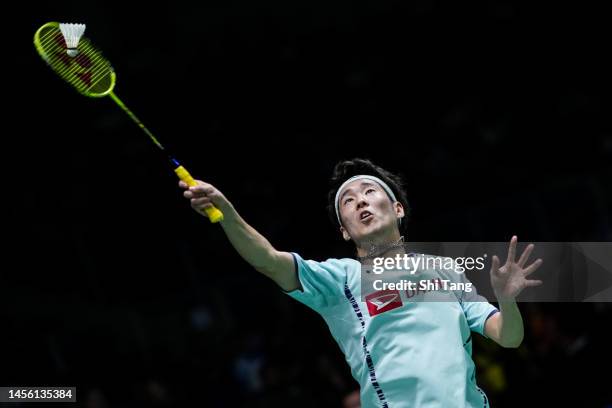 Kanta Tsuneyama of Japan competes in the Men's Singles Quarter Finals match against Anthony Sinisuka Ginting of Indonesia on day four of PETRONAS...