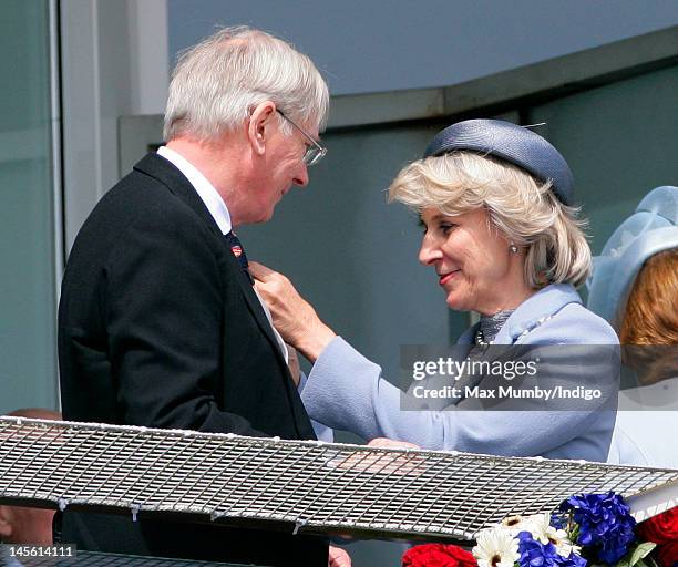 Prince Richard, Duke of Gloucester and Birgitte, Duchess of Gloucester watch the racing from the balcony of the Royal Box on Derby Day at the...