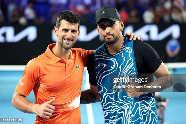 Novak Djokovic of Serbia and Nick Kyrgios of Australia pose for a photo following their Arena Showdown charity match ahead of the 2023 Australian...