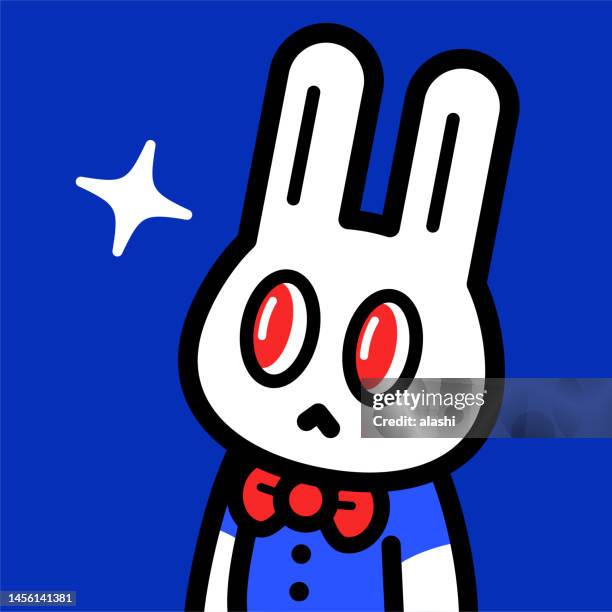 ilustraciones, imágenes clip art, dibujos animados e iconos de stock de un lindo conejito con una pajarita roja mira hacia arriba a sth - ojos rojos