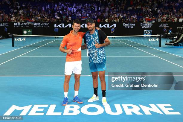 Novak Djokovic of Serbia and Nick Kyrgios of Australia pose for a photo following their Arena Showdown charity match ahead of the 2023 Australian...