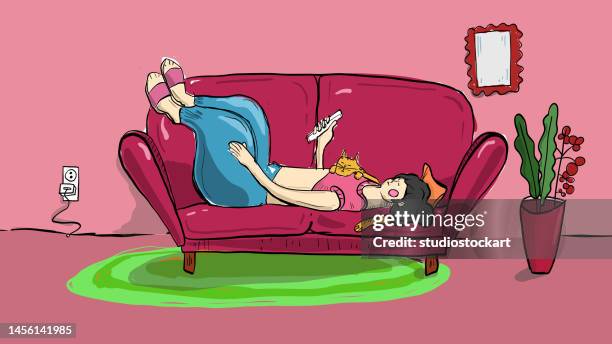 young woman is lying on her sofa with her cat - woman sleeping on couch stock illustrations