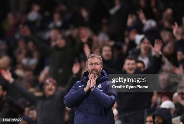 Graham Potter, Manager of Chelsea, reacts during the Premier League match between Fulham FC and Chelsea FC at Craven Cottage on January 12, 2023 in...