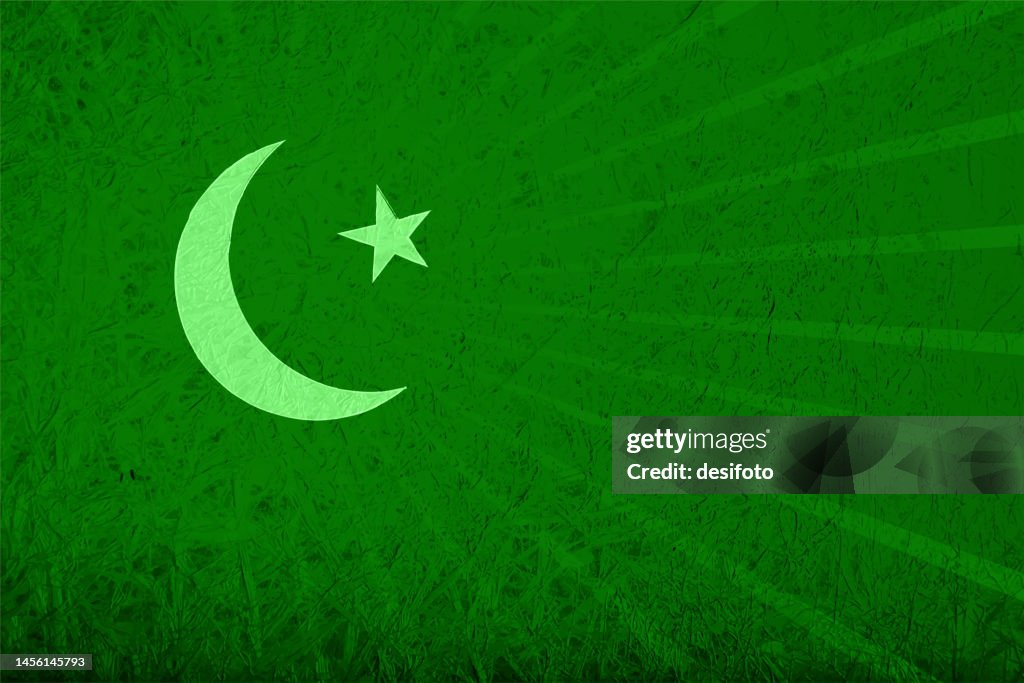 Fond vectoriel grunge vert grunge texturé avec une étoile et une lune faisant du drapeau national pakistanais une toile de fond avec un subtil rayon de soleil en filigrane