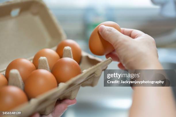 close up of woman holding a box of fresh organic free range eggs in kitchen. healthy eating lifestyle - oeufs photos et images de collection