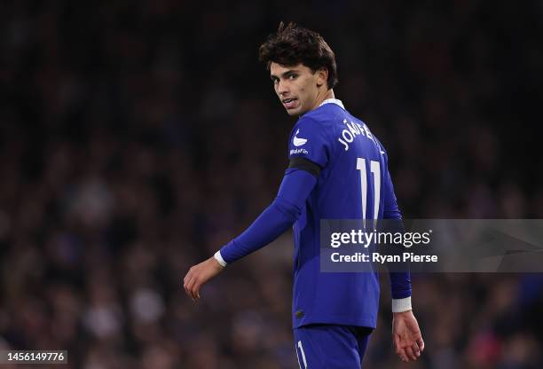 Joao Felix of Chelsea reacts during the Premier League match between Fulham FC and Chelsea FC at Craven Cottage on January 12, 2023 in London,...