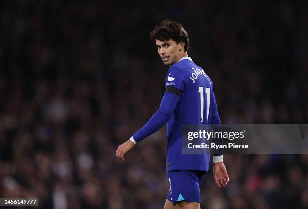 Joao Felix of Chelsea reacts during the Premier League match between Fulham FC and Chelsea FC at Craven Cottage on January 12, 2023 in London,...