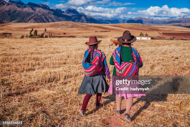 peruvian women in national clothing crossing field, the sacred valley - peru stock pictures, royalty-free photos & images