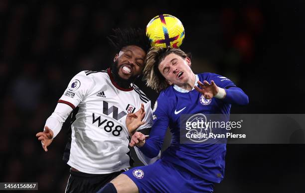 Conor Gallagher of Chelsea and Nathaniel Chalobah of Fulham compete for a header during the Premier League match between Fulham FC and Chelsea FC at...