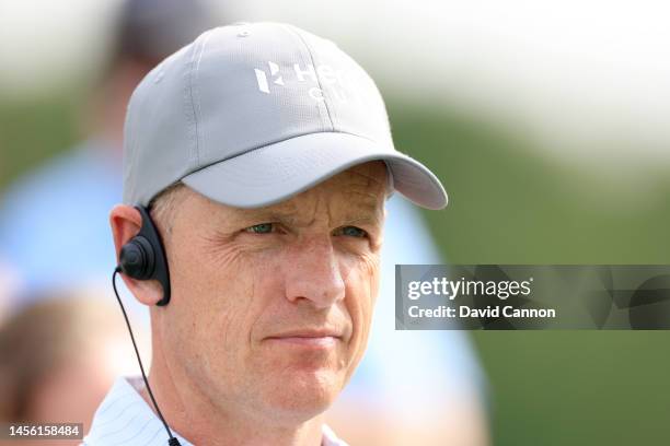 Luke Donald of England the 2023 European Ryder Cup Captain watches the golf on the first hole during the Friday four ball matches on Day One of the...