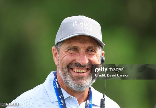 Jose Maria Olazabal of Spain the 2012 European Ryder Cup Captain watches the golf on the first hole during the Friday four ball matches on Day One of...