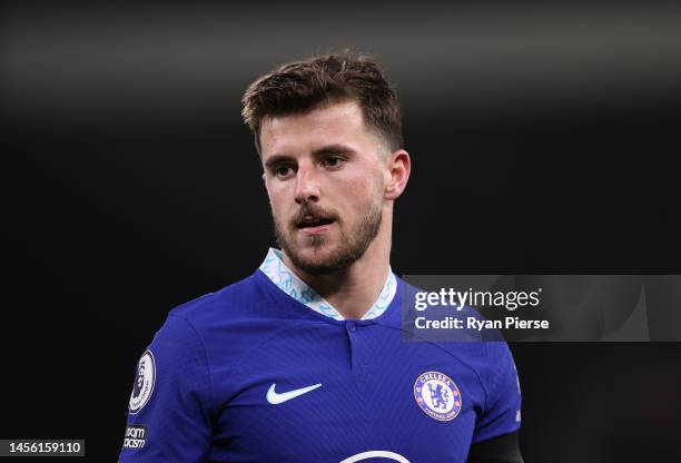 Mason Mount of Chelsea looks on during the Premier League match between Fulham FC and Chelsea FC at Craven Cottage on January 12, 2023 in London,...