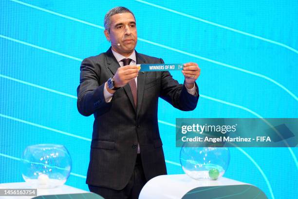 Legend Nourredine Naybet draws Winners of M3 during the FIFA Club World Cup Morocco 2022 Draw at Auditorium Complexe Mohammed VI de Football on...