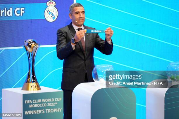 Legend Nourredine Naybet draws CR Flamengo during the FIFA Club World Cup Morocco 2022 Draw at Auditorium Complexe Mohammed VI de Football on January...