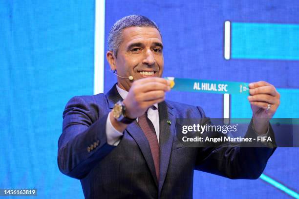 Legend Nourredine Naybet draws Al Hilal SFC during the FIFA Club World Cup Morocco 2022 Draw at Auditorium Complexe Mohammed VI de Football on...