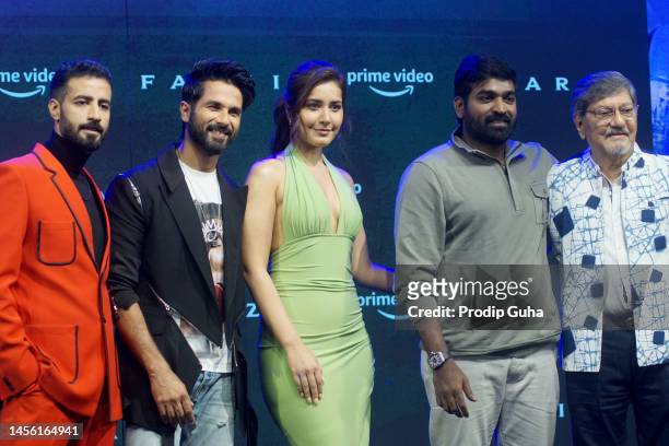 Bhuvan Arora ,Shahid Kapoor, Raashii Khanna, Vijay Sethupathi and Amol Palekar attend the trailer launch of Prime video's film 'FARZI' on January 13,...