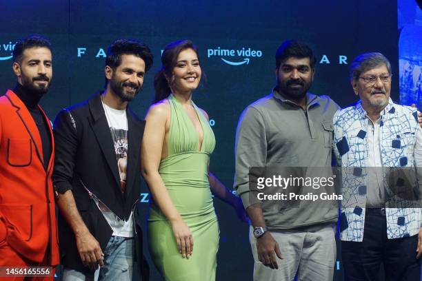 Bhuvan Arora ,Shahid Kapoor, Raashii Khanna, Vijay Sethupathi and Amol Palekar attend the trailer launch of Prime video's film 'FARZI' on January 13,...