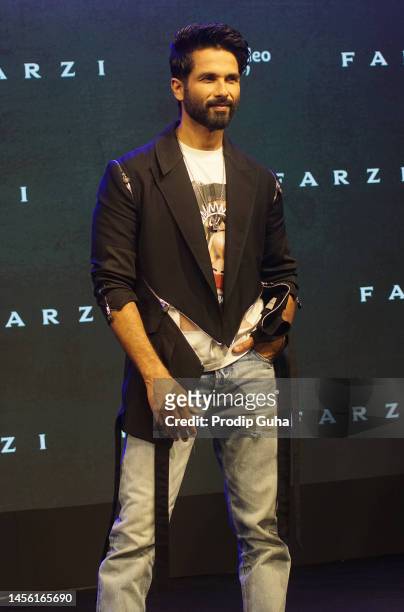 Shahid Kapoor attends the trailer launch of Prime video's film 'FARZI' on January 13, 2023 in Mumbai, India