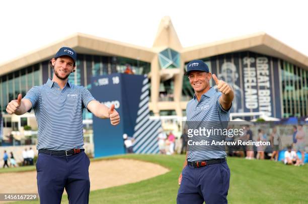 Thomas Pieters and Alex Noren of Continental Europe celebrate beating Tommy Fleetwood and Shane Lowry of Great Britain & Ireland 1up during the...