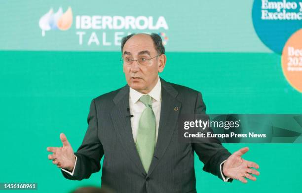 The Chairman of Iberdrola, Ignacio Sanchez Galan, speaking at the presentation of the 'Iberdrola Scholarships', at the Iberdrola Building, on 13...