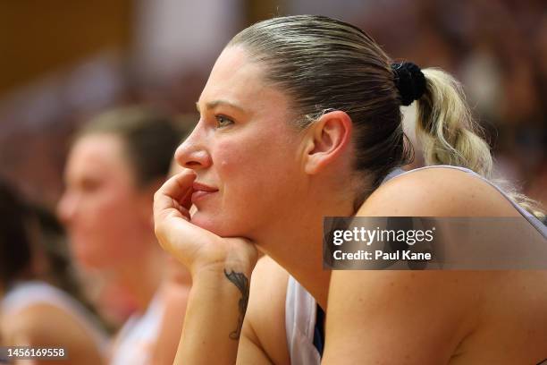 Lauren Jackson of the Flyers looks on from the bench after being fouled out of the game during the round 10 WNBL match between Perth Lynx and...