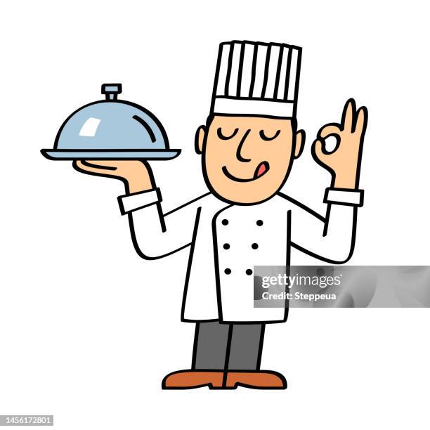 chef is holding a restaurant cloche - foodie stock illustrations