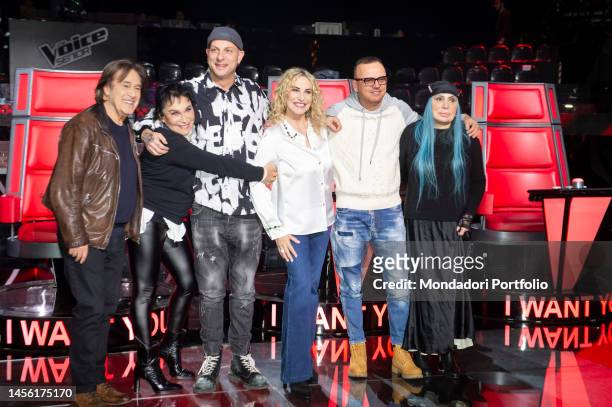Italian presenter Antonella Clerici and italian singers and judges Loredana Bertè, Gigi D'Alessio, Clementino, the rich and poor formed by Angela...