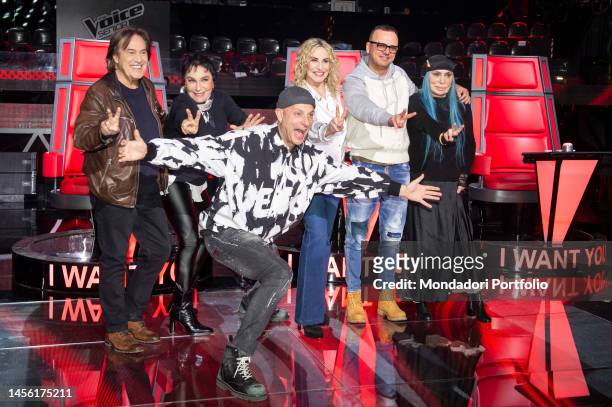Italian presenter Antonella Clerici and italian singers and judges Loredana Bertè, Gigi D'Alessio, Clementino, the rich and poor formed by Angela...